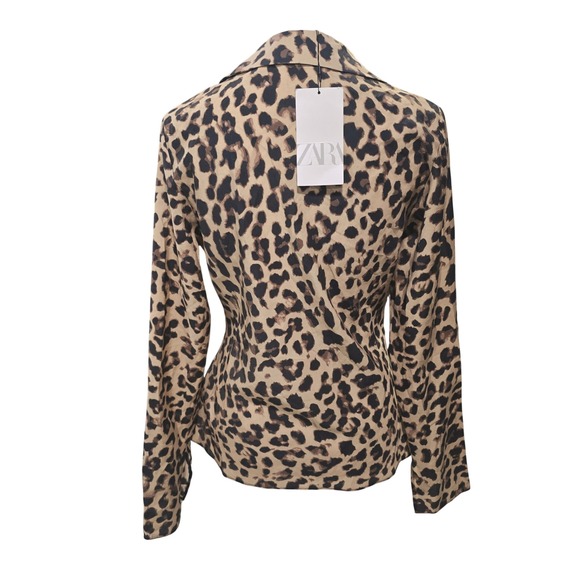 Zara NWT Leopard Print Tie Front Blouse Long Bell Sleeve Collared Shirt Medium - Picture 5 of 10